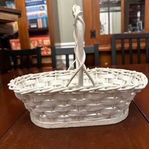 Vintage White Wicker Woven Basket with Wood Bottom